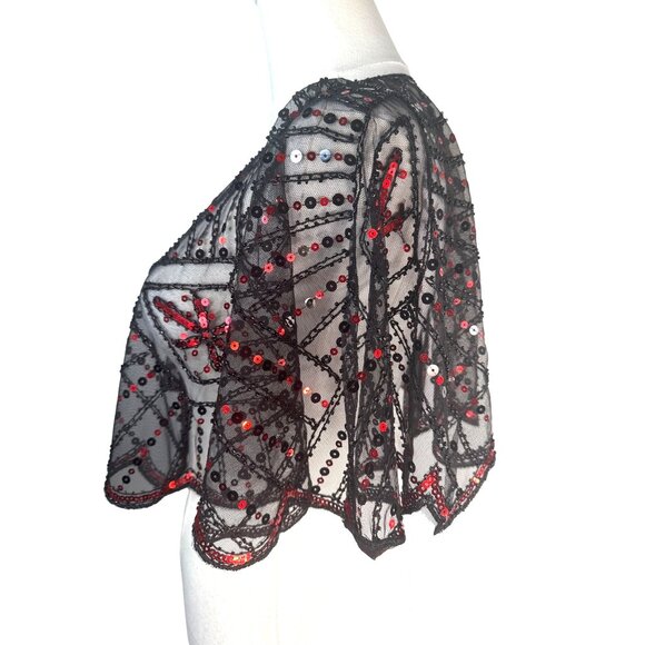 Vintage OS Style Red & Black Evening Sequin Cape Round Neckline Shrug - Picture 8 of 15